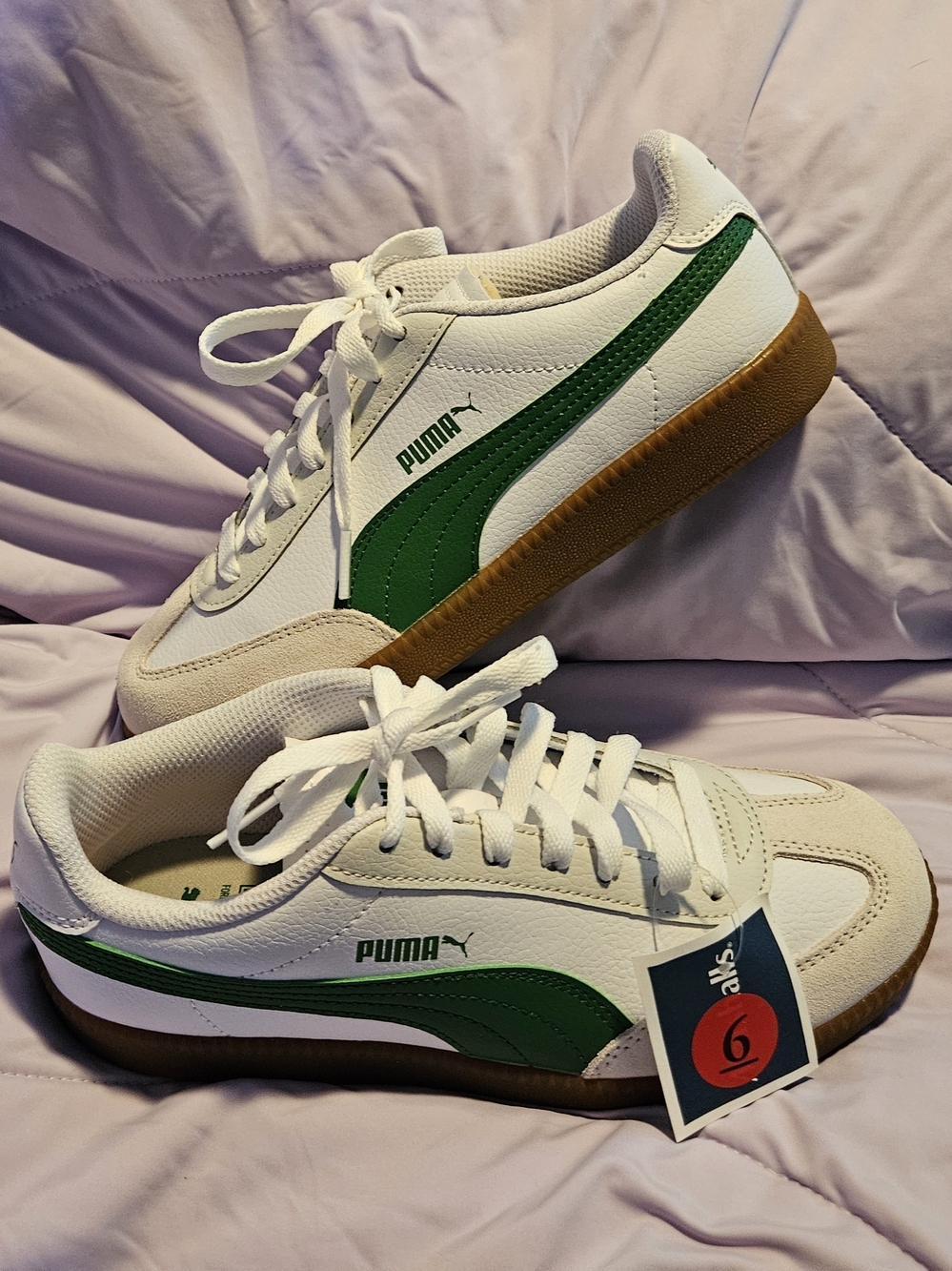 Puma White Sneakers with Green Stripe and Gum Sole